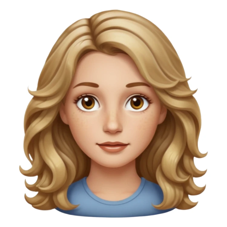 long dark Blond with highlights wavy hair white women, oval shape face hazel eyes long lashes little bit of freckles high cheek bones sticker