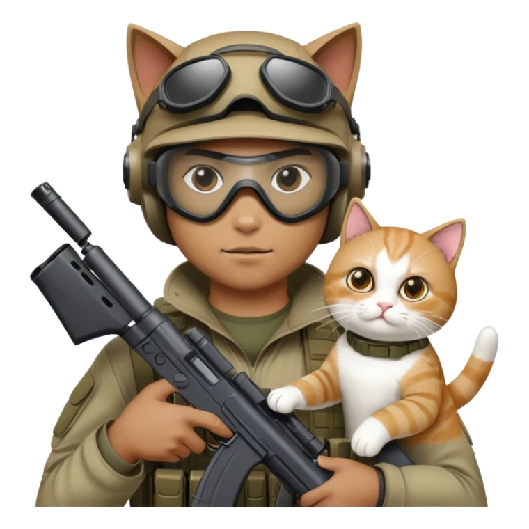 Man in tactical airsoft gear wearing protective goggles on face, holding a gun in one hand and a white and brown cat in the other hand sticker
