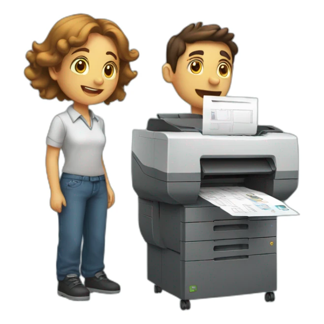 a boy and a girl with a large printer full of copies, both are exhausted sticker
