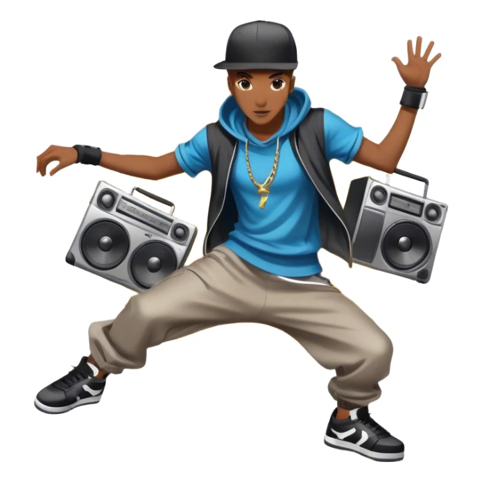 Icon for Street Dance: a dancer in urban streetwear performing a dynamic lower breakdance move, with a spray-painted background and a boombox on the asphalt. The icon should capture the energy, style, and creativity of street dance culture. Transparent background. sticker
