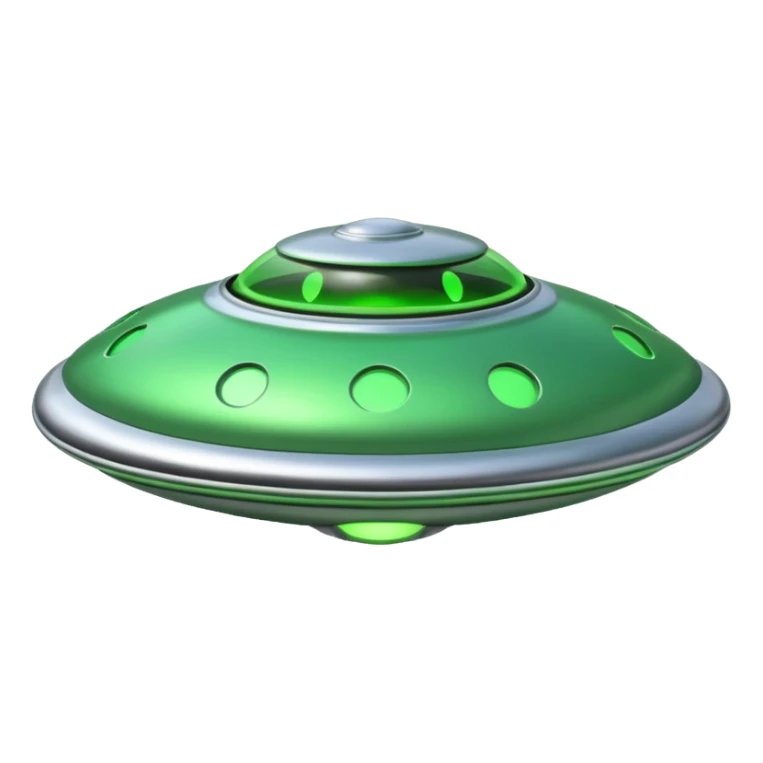 UFO flying saucer, green lights, cartoon sci-fi emoji, no background sticker