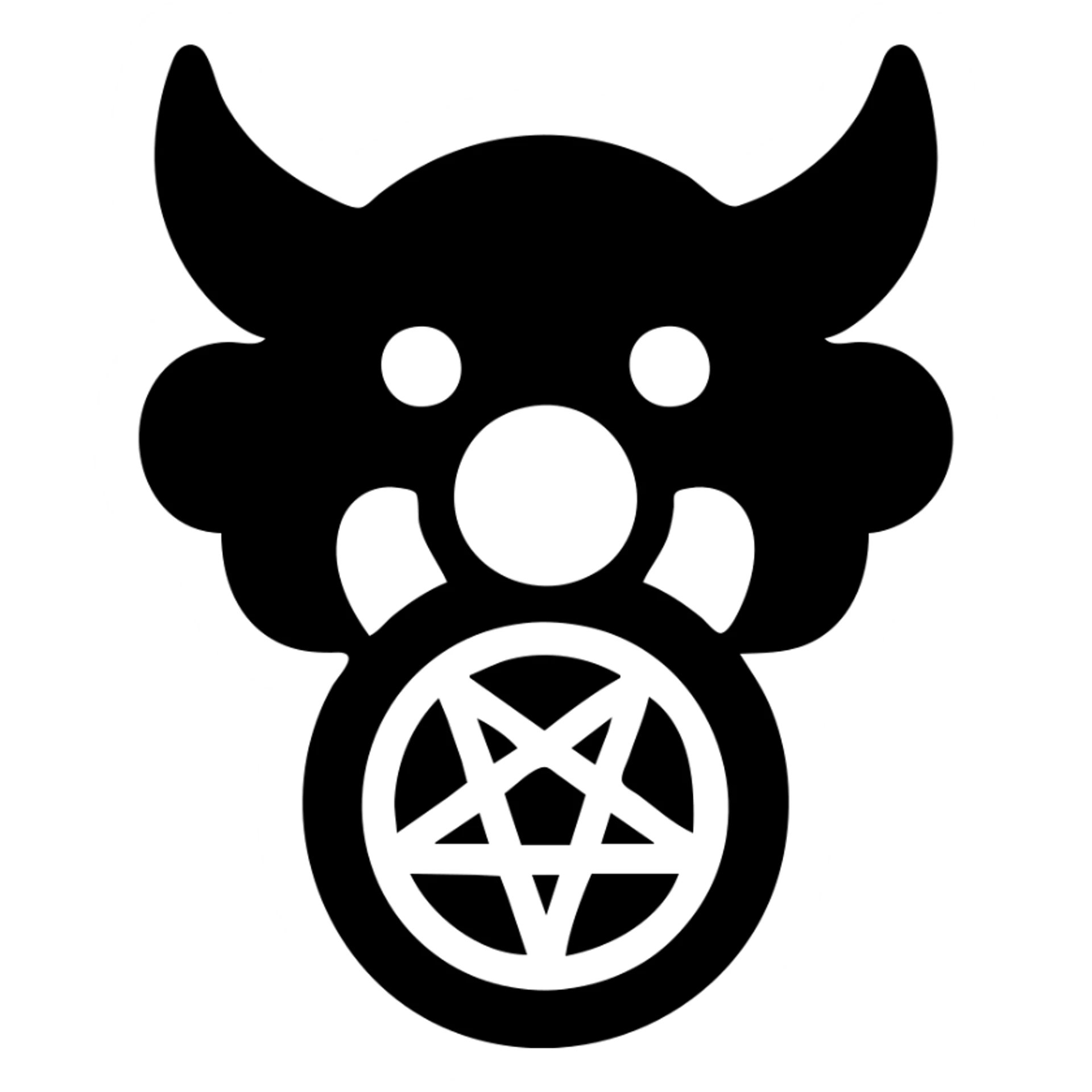 bold, simple black-filled icon symbol combining devil horns, clown nose, and pentagram, representing a group of devilish clown characters sticker