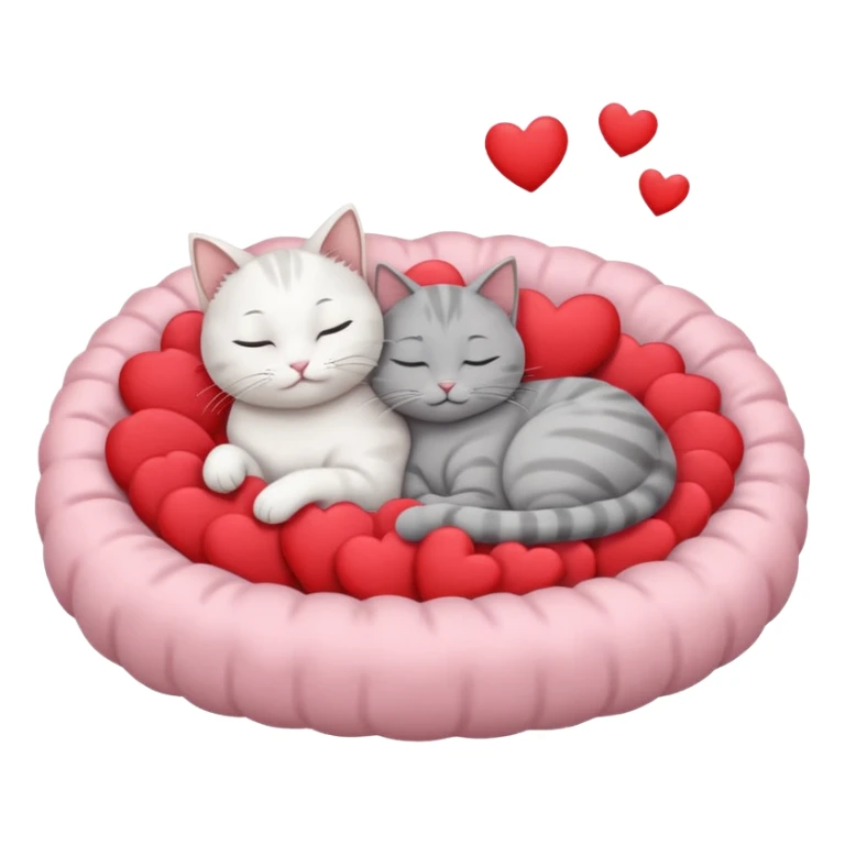 White cat and gray cat sleeping together in a bed full of hearts sticker