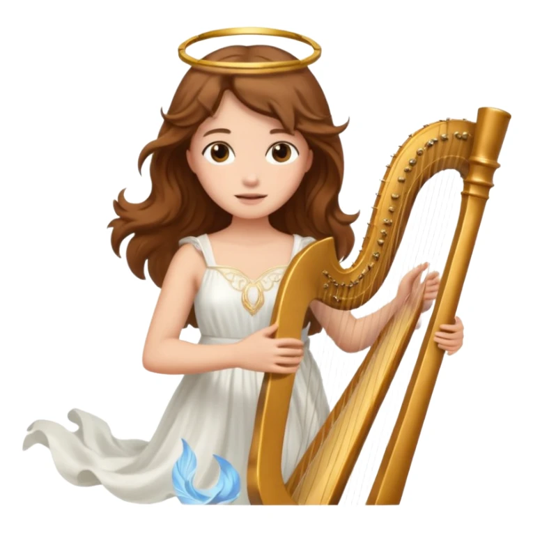 Female angel holding harp with flowing brown hair sticker