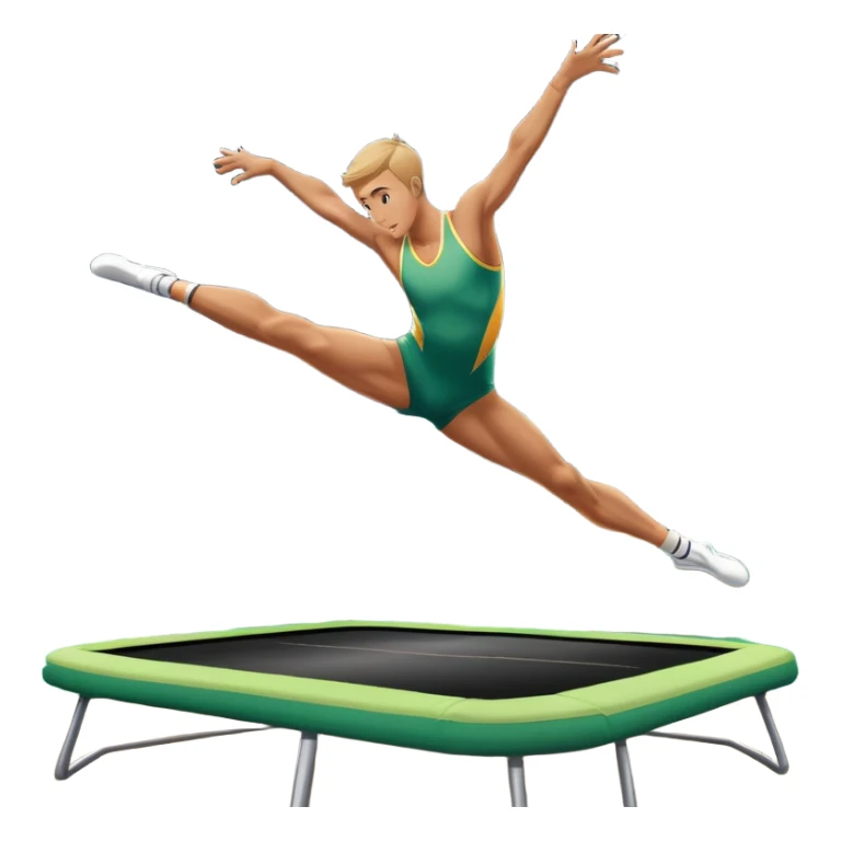 An athletic person soaring high above a trampoline, executing an acrobatic flip with perfect form. The scene captures motion and energy, with a dynamic pose, stretched limbs, and a focused expression. The background suggests a professional trampoline arena with safety padding. sticker