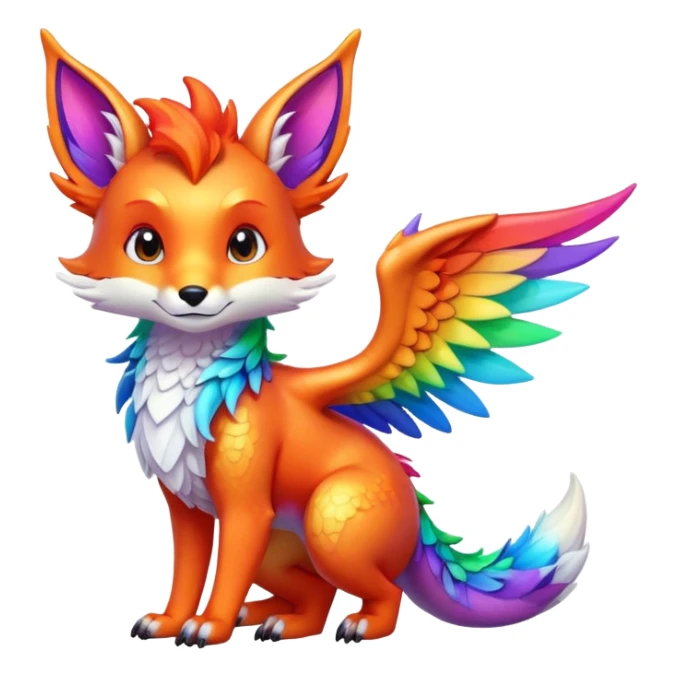 Animated Fox dragon hybrid with wings face front full body rainbow colored sticker