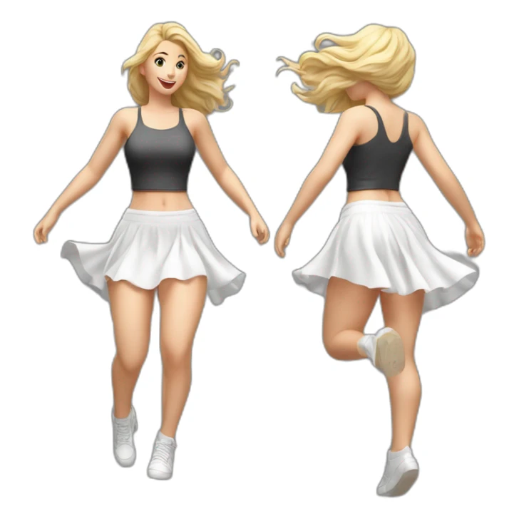 Hyperrealistic Full body Caucasian curvy beauty jumping short white skirt back and front views strong wind sticker