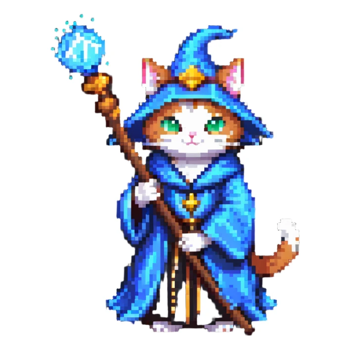 cat wizard with a magical staff and wizard robe sticker