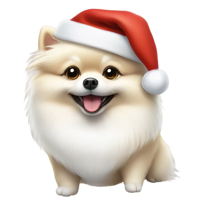 white pomeranian dog smiling with a christmas hat sticker