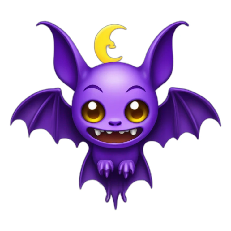 purple and black mad face vampire bat cartoon sparkle eyes wings flying in front of large dripping crescent moon sticker