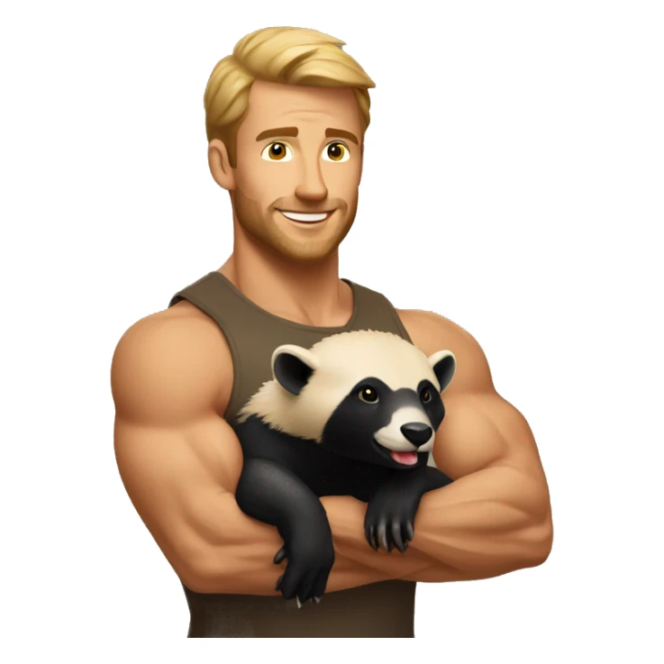 muscled man holding a honey badger sticker