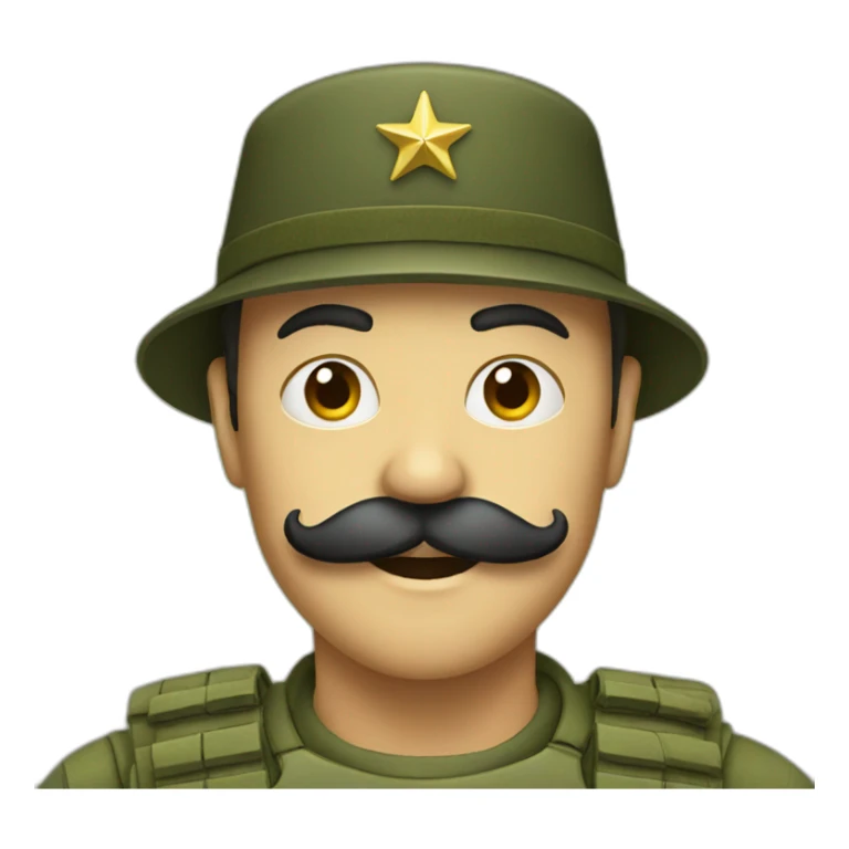 Person wearing army hat and has a moustache sticker