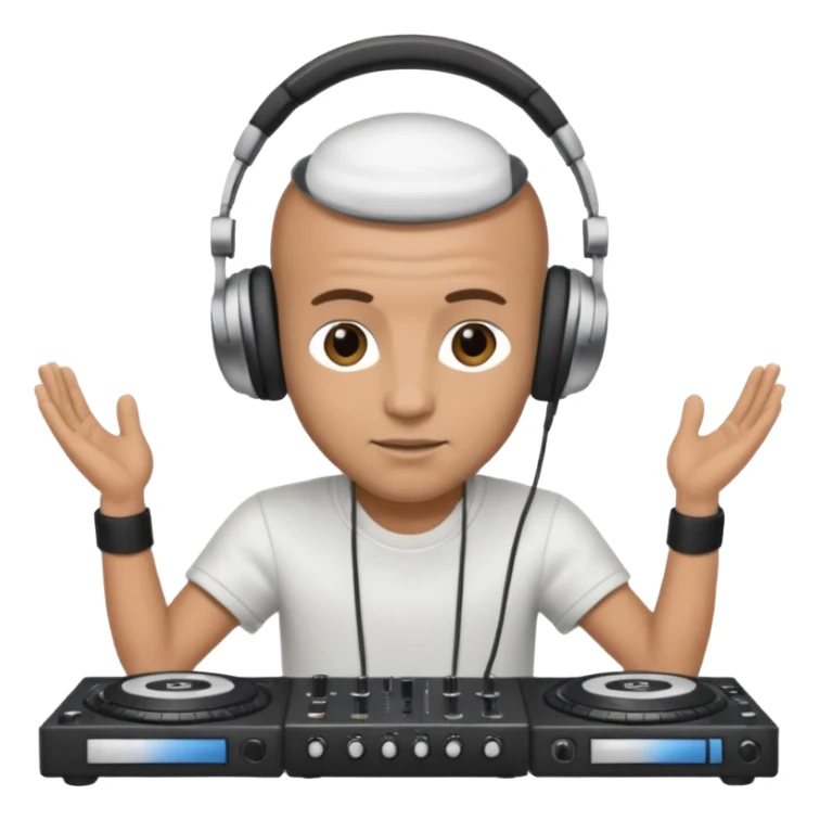 White dj mixing with dj booth, headphone on head, no cap, not bald,  sticker