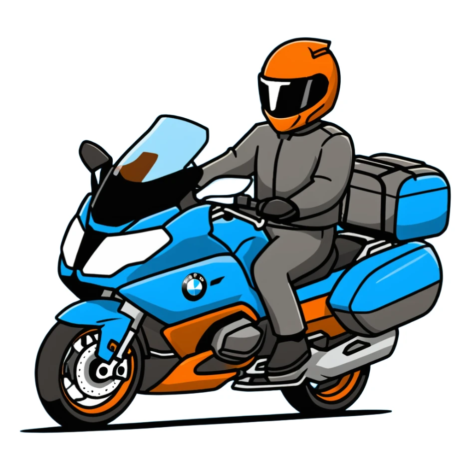 blue BMW R 1200 RT touring motorcycle with rider on road sticker