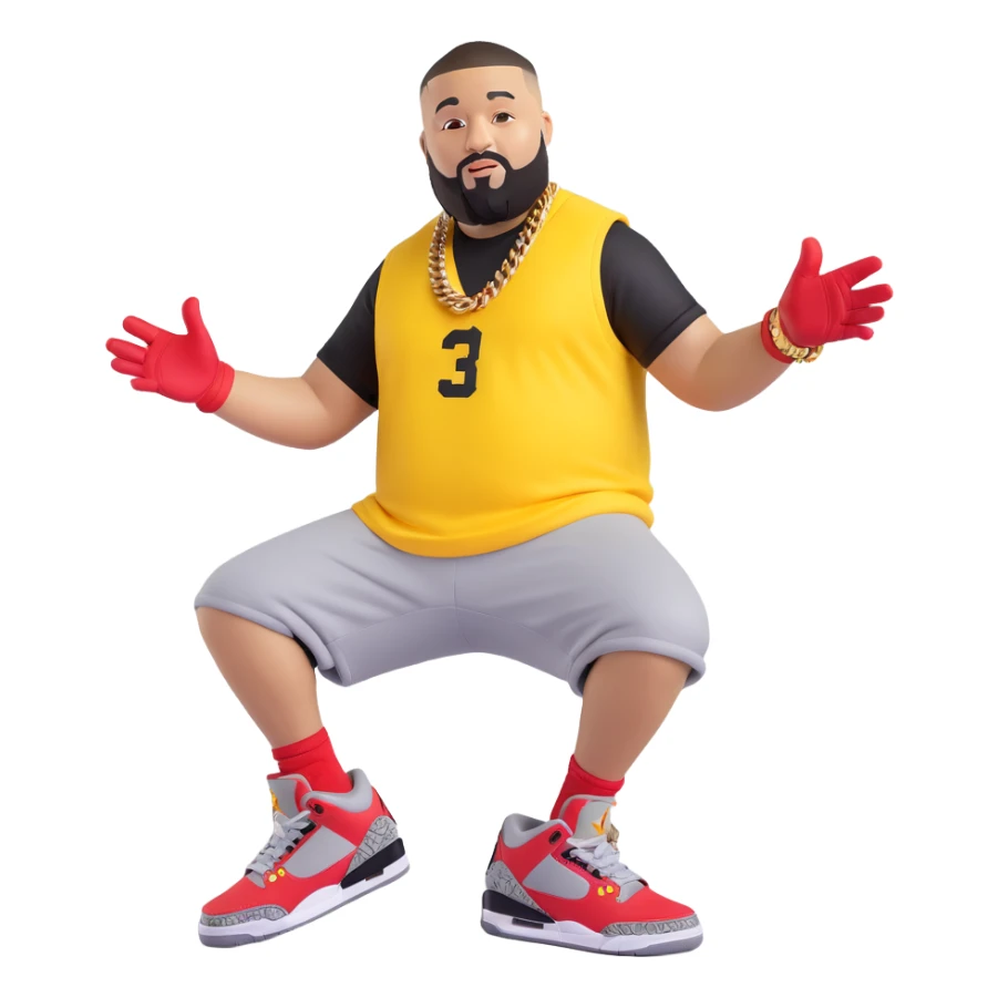 red DJ Khaled Grateful Air Jordan 3 sneaker in University Red, Black, Cement Grey colors with yellow cartoon arms and legs, playful pose, matching the style of the green 3D emoji character sticker