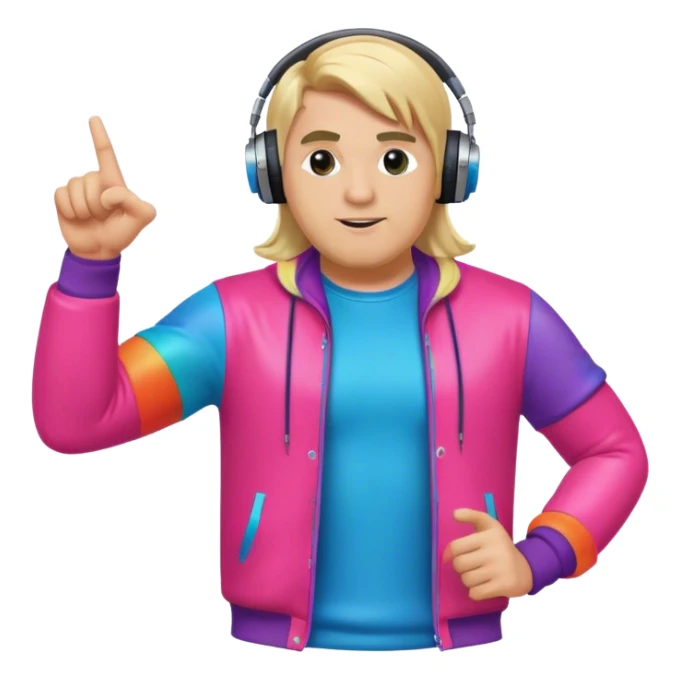 blond big man in colorful dj outfit pointing to one side sticker