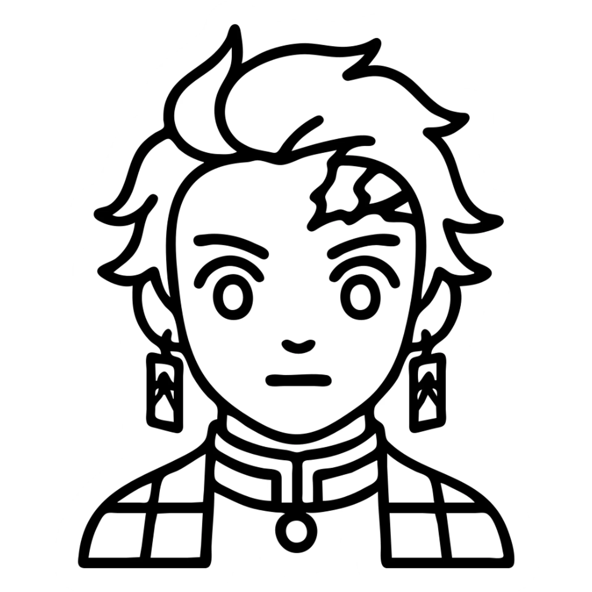 Tanjiro Kamado from Demon Slayer, outlined icon style, simple lines, close-up face, hanafuda earrings visible, checkered haori collar sticker