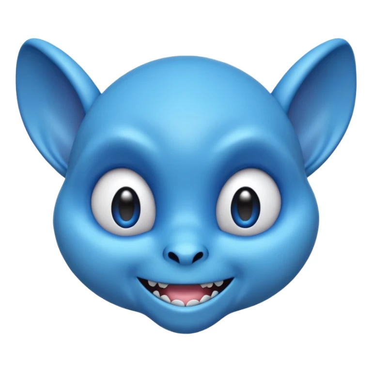 round emoji head of blue alien with floppy ears, sharp teeth, wide eyes, mischievous smile, vibrant, cartoonish, 3D style, soft shading, bold outlines sticker