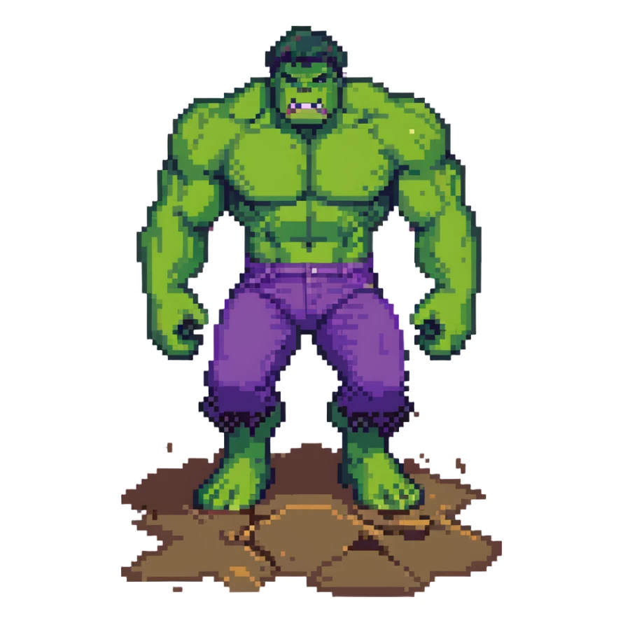 dynamic pose of Hulk from Marvel, smashing ground, green skin, purple pants sticker