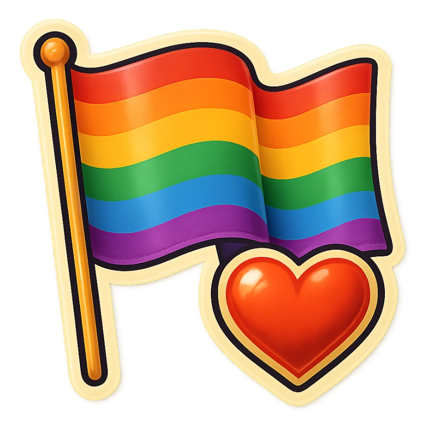 gay pride rainbow flag, waving, with a heart, retro sticker style sticker