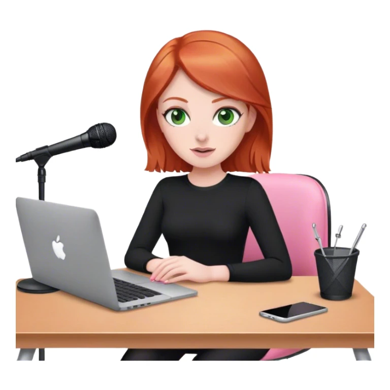 Redhead with green eyes sat at desk with pink MacBook and  podcast microphone black top and pink chair  sticker