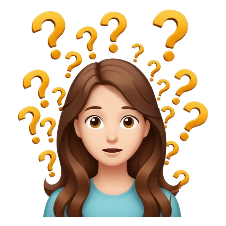 Happy Confused girl with long brown hair surrounded by floating question marks elegant cute  sticker