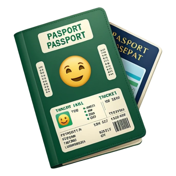 white passport with embedded airline tickets, dark green details on tickets and passport, rest white, emoji style sticker
