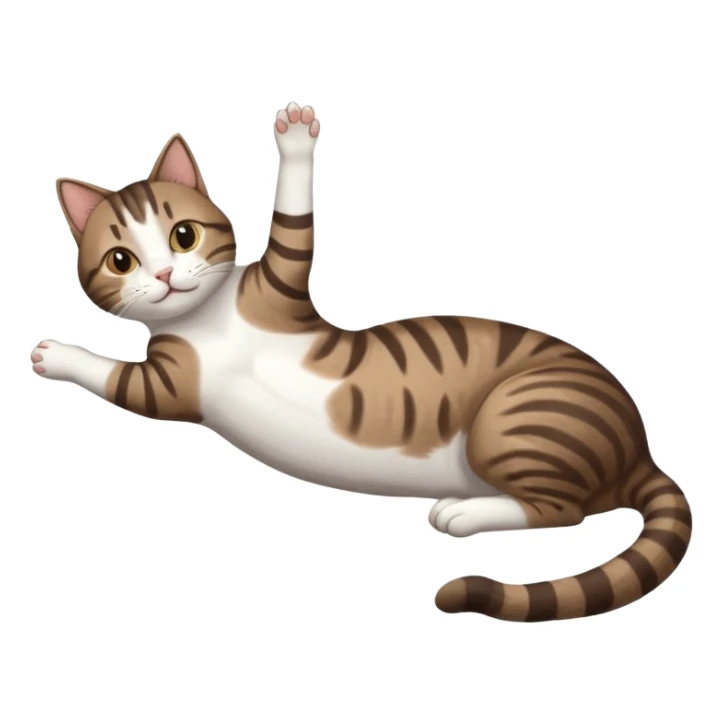 dark brown tabby and white cat with doing a big extremely long stretch reaching up into the air with arms and legs side by side together straight and overextended whilst lying on its side sticker