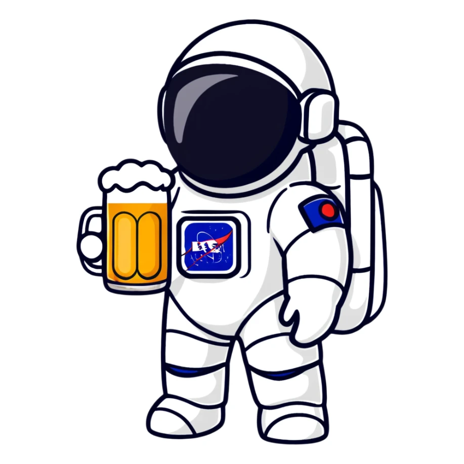 a pint of beer wearing a space suit, astronaut beer glass sticker
