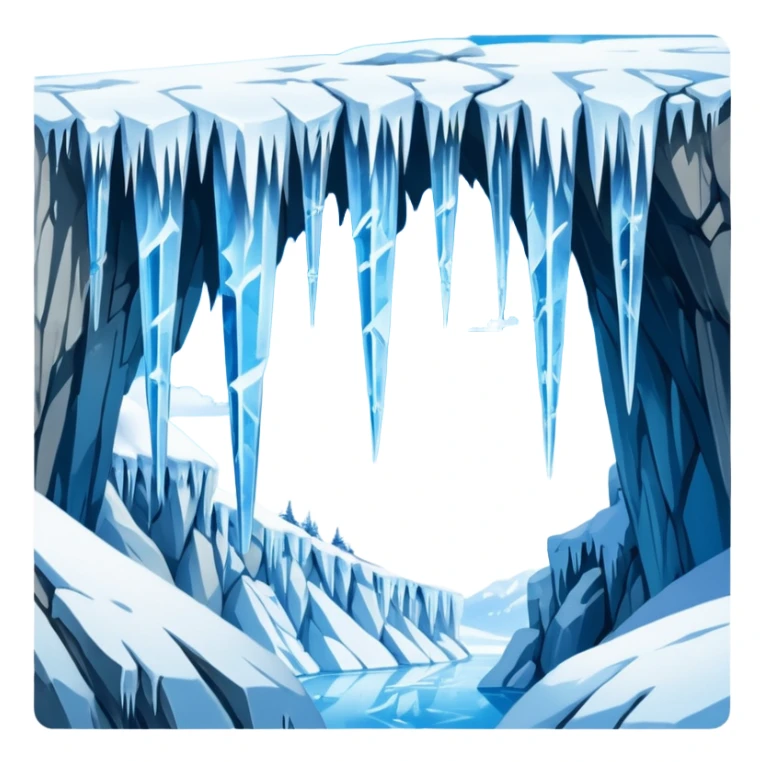 A stunning winter scene showing long, sharp icicles hanging from a frozen cliff or ledge, glistening in bright daylight. The surface is covered in snow and ice, with a cold blue and white color palette, highly detailed, realistic lighting, and frosty atmosphere. sticker