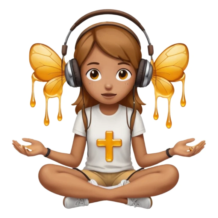 This girl(🧘🏻‍♀️) is sitting cross-legged in a meditation pose, wearing headphones(🎧) and listening to music. The song is so good that honey is dripping from her ears, and her expression is completely dazed because she’s enjoying the music so much. sticker