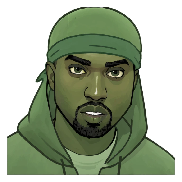 Kanye West as a schizo emote, expressive, exaggerated facial features, wild eyes, energetic pose, meme style sticker