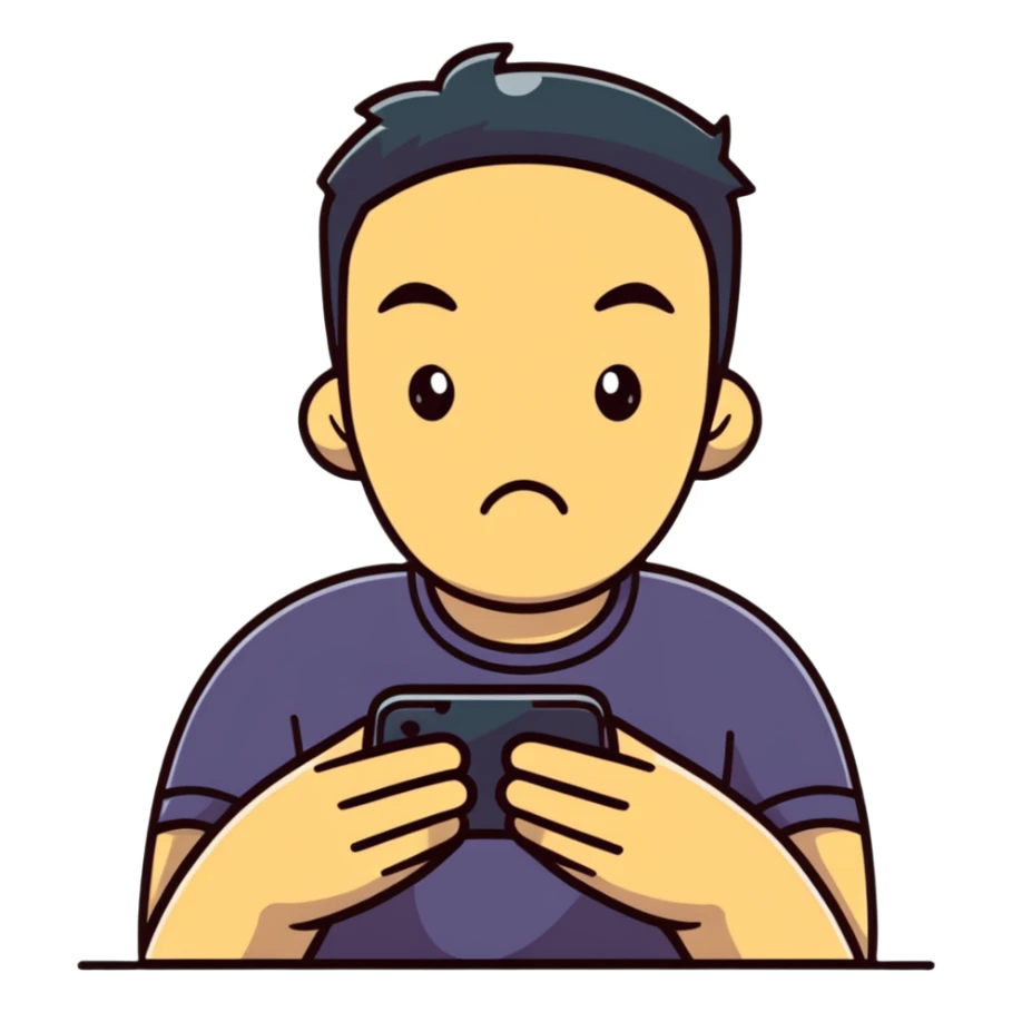 man with shameful expression looking at his smartphone sticker