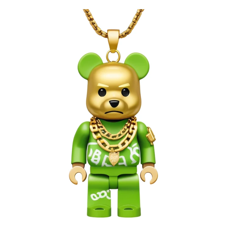 classic bearbrick figure with lime green mask covered in chaotic brand logos, wearing several large gold chains, gold pendant, rapper style accessories, expressive eyebrows sticker
