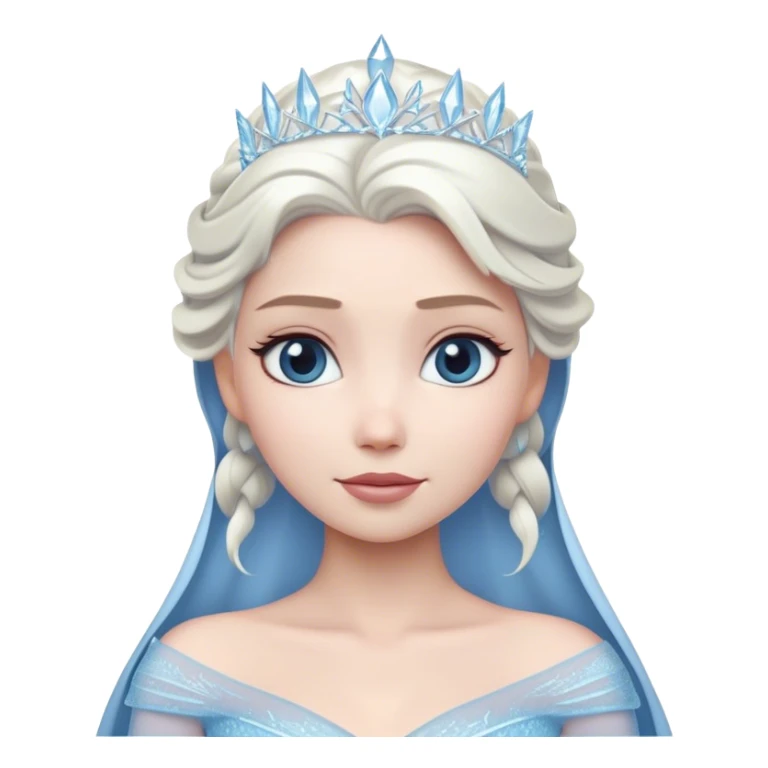 Cinematic Timeless Snow Queen Portrait Emoji, rendered in a clean, vector style. Depict Elsa with icy pale skin, intricately styled platinum hair, and a serene, regal expression, dressed in a minimalist ice-blue gown. The design features bold, simplified shapes, a soft, drowsy crystalline glow, and a subtle glowing outline, capturing the essence of timeless, majestic winter beauty. sticker