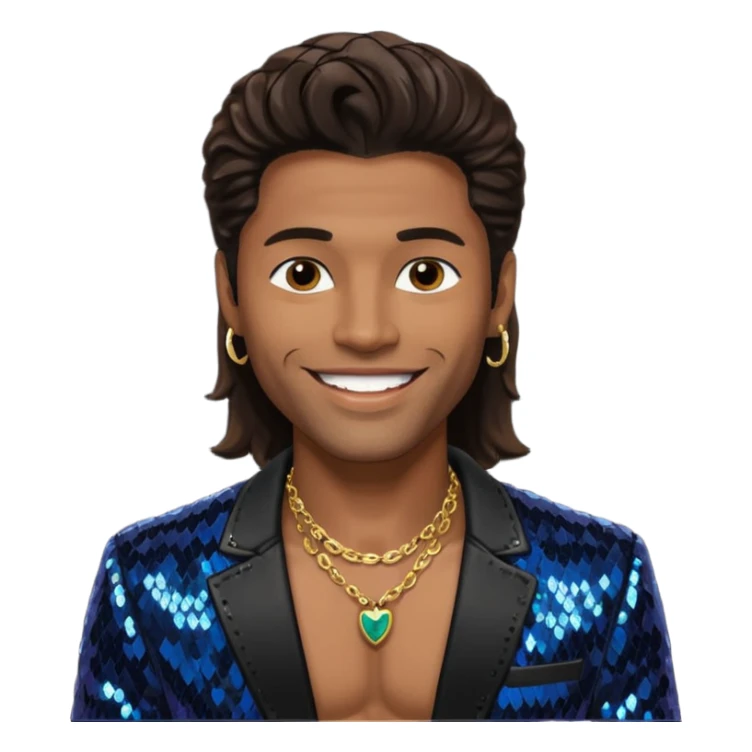 Eric Benét with long dark brown hair, black sequin jacket, shirtless with necklace sticker