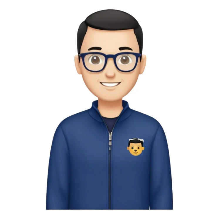 Fair-skinned man with extremely short black hair (very close buzz cut), short salt and pepper beard, large black-framed glasses, smiling, wearing navy blue long sleeve zip sweatshirt sticker