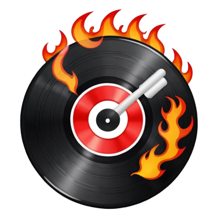 a black vinyl record white stick  with red outlin and flames  sticker