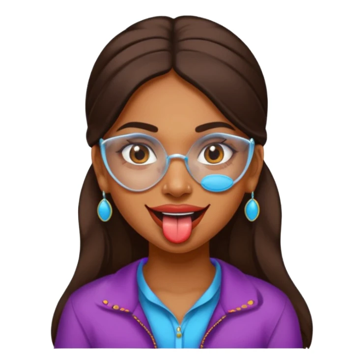 make a tongue sticking out expression for this indian girl that has transparent under ey patches sticker