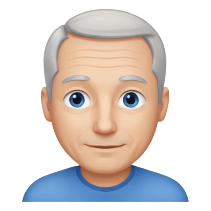 Middle aged man with receding grey hair and no beard, blue eyes, shy smile sticker