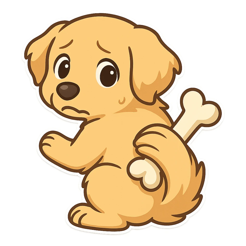 A golden retriever is hiding a bone on its back, looking back in fear, looking at the audience, trying to cover up the bone sticker