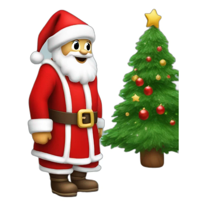 happy santa clue with red cristmas dress and cristmas tree sticker