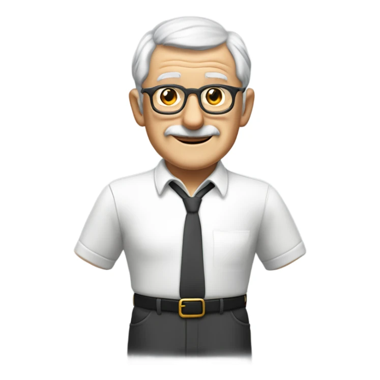 An elderly English man with a kind and dignified appearance, wearing thin-framed glasses. He has neatly combed grey hair and a clean-shaven face with no moustache or beard. He is dressed in a crisp white smart polo shirt with black buttons, sticker