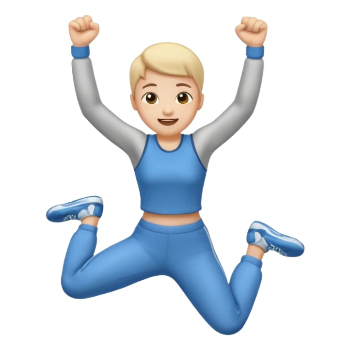 Emoji-style person jumping with fist up, excited expression, rounded cute style, soft shading, sticker
