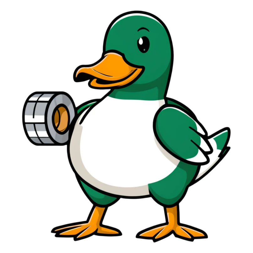 mallard duck holding a roll of silver duct tape sticker