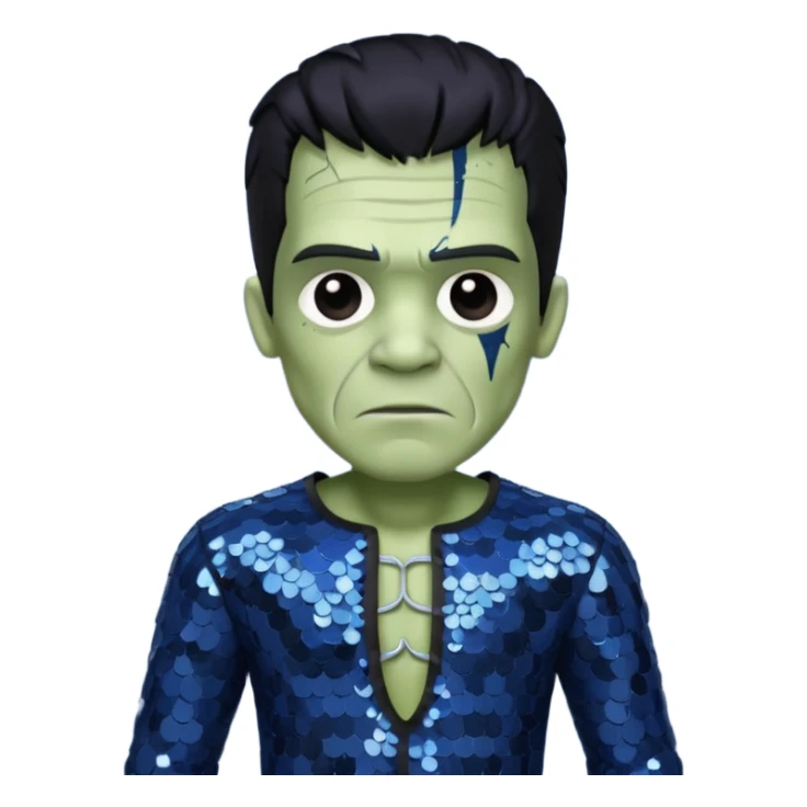 Frankenstein from Van Helsing with black hair, grey skin dark blue sequin outfit sticker
