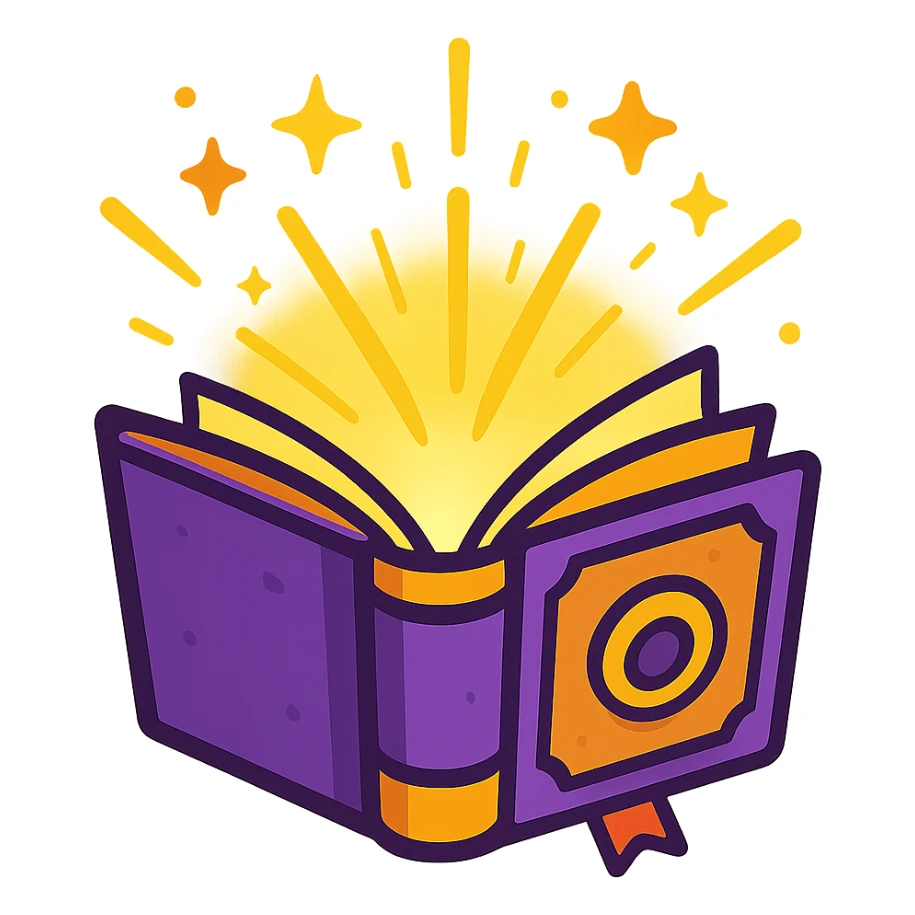 animated icon of a spellbook opening with sparkles and light, whimsical and enchanting sticker