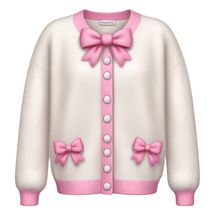 white cashmere cardigan with 8 tiny pink bows all over front and sleeves, realistic 3d isolated, soft texture sticker