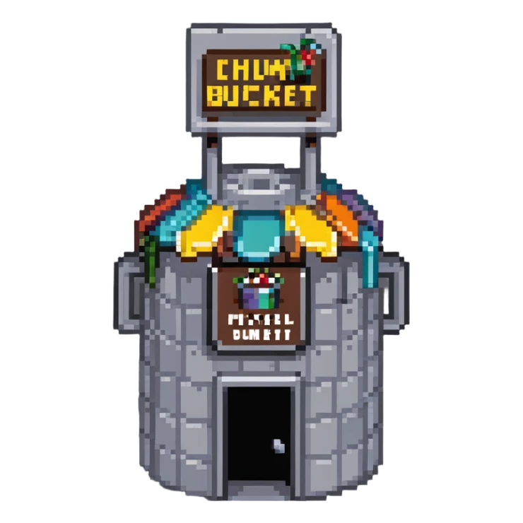 Chum Bucket restaurant from SpongeBob, gray bucket-shaped building with a sign sticker