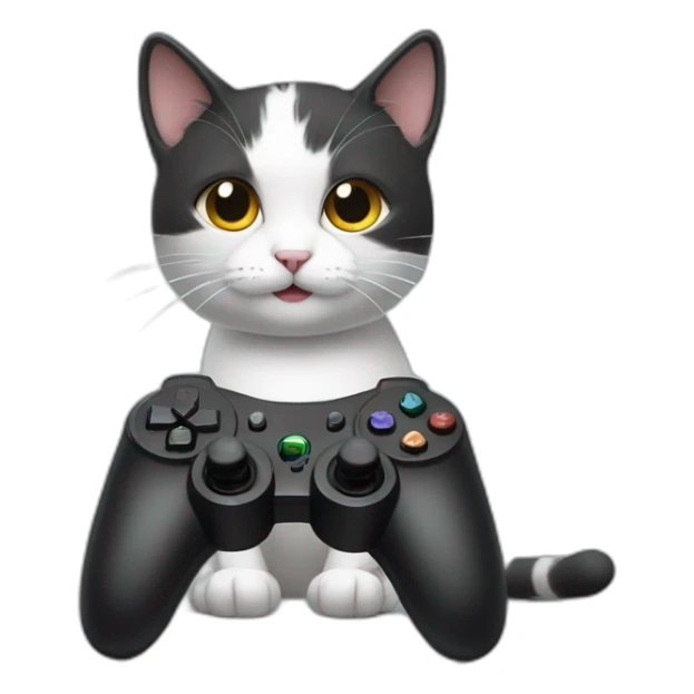 Very cute smiling cat holding one small black ps controller and playing video games sticker